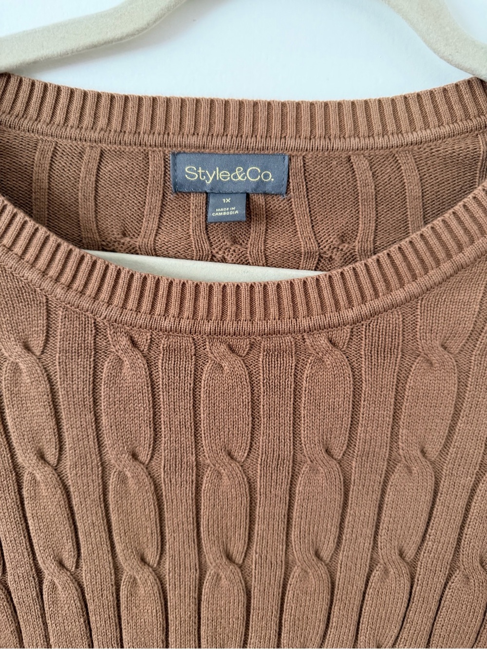 Style & Co. Cable Knit Crewneck Sweater in Warm Brown - Picture 3 of 7